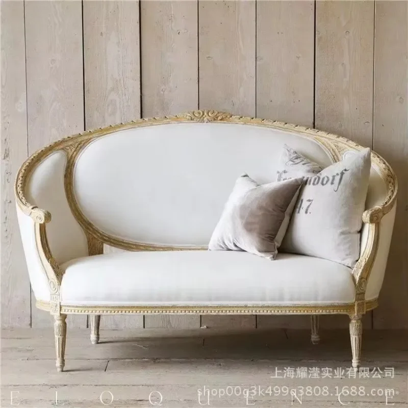 American solid wood sofa, furniture oak carved retro double sofa