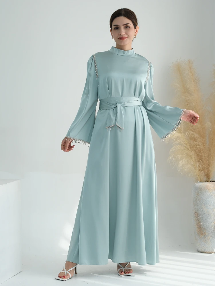 Eid Ramadan Muslim Women Dresses Party Abaya Diamond Long Dress Belt Morocco Kaftan Satin Vestidos Dubai Turkey Robe Jalabiya