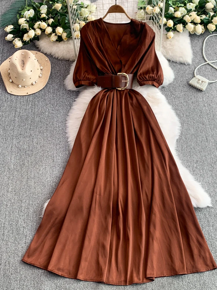 Été 2025 femmes ceinture taille a-ligne Dr Bubble Sve v-ne imprimé léopard Maxi Dr coréen Sle taille haute Midi Dr