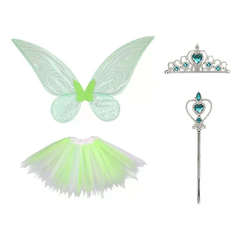 Kids Girl Costume Butterfly Wings with Elf Ears Rattans Crown Skirt Magic Wand Dress Up Birthday Cosplay Props Sets Accessories