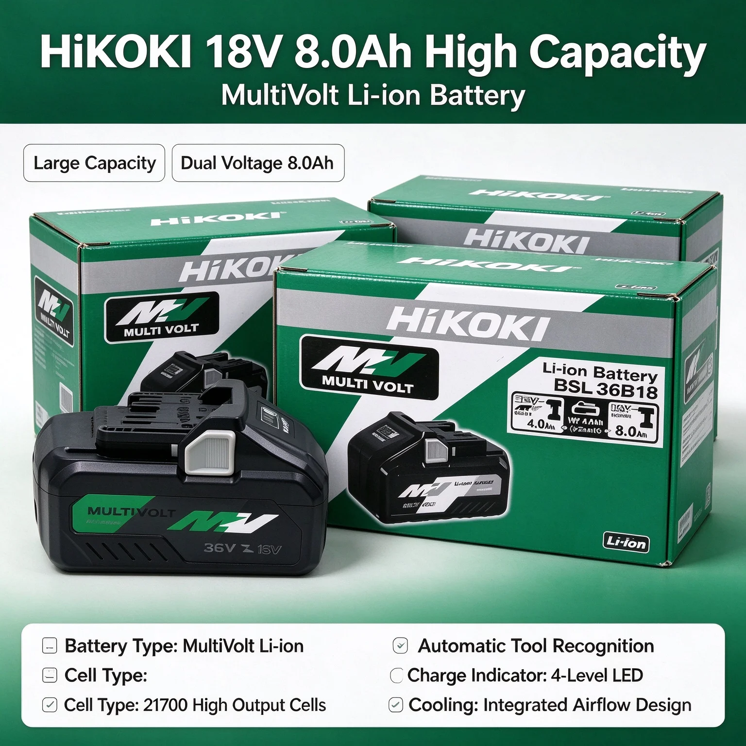 HiKOKI Hitachi 18V 8.0Ah Li-ion Slide Battery BSL1880, Built in BMS Protection, Heavy Duty Long Runtime for Cordless Power Tools