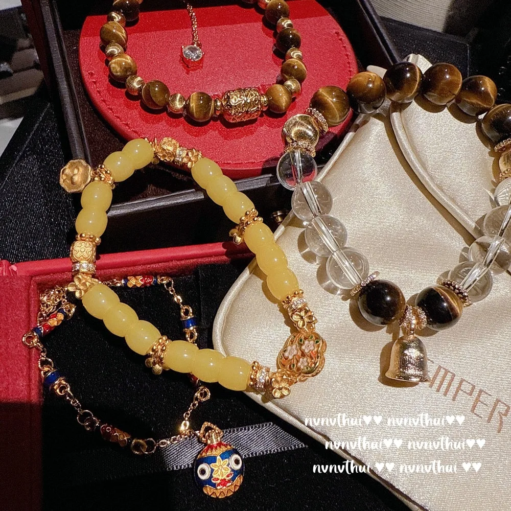 Ancient Golden Brushed Ball Tiger's Eye Bell Crystal Bracelet New Chinese Style Laurel Rabbit Chicken Yellow Beeswax Hand String