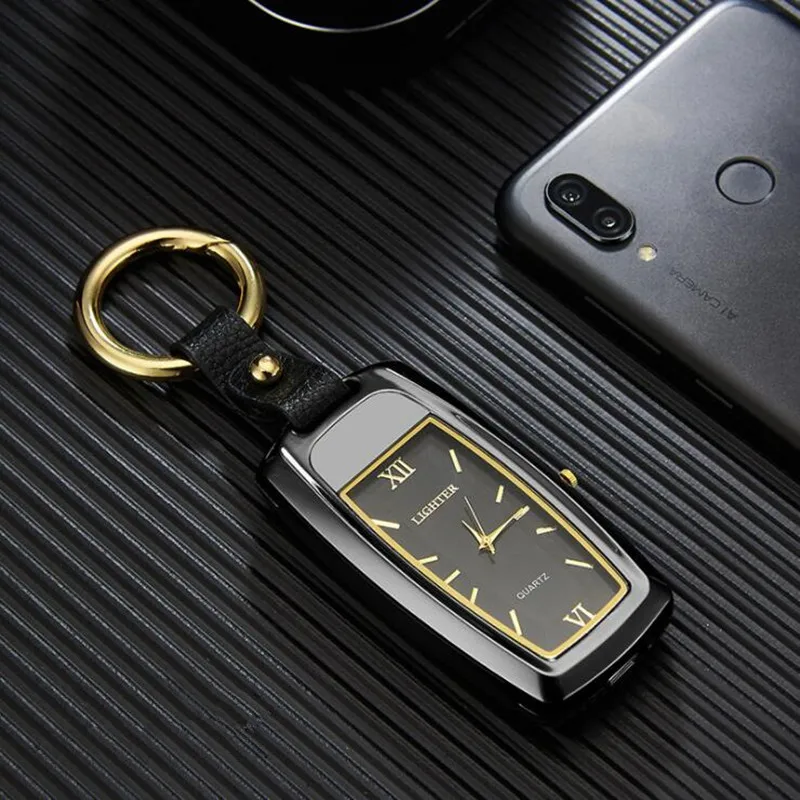 2022 New USB Charging Windproof Car Keychain Watch Lighter Pendant Multifunctional Flashlight Men\'s Premium Gift