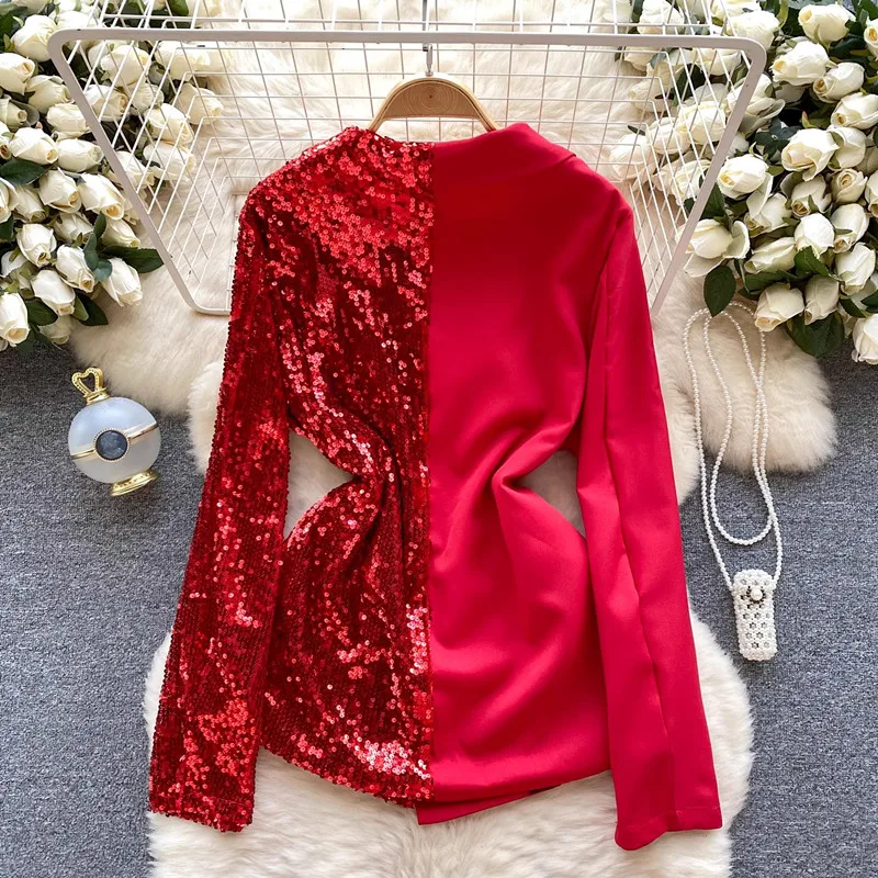 Sequins Suit Jacket Spliced Fashion Double Breasted Blazer Jacket Women Autumn 2023 New Elegant Chic Blazers Coat Female