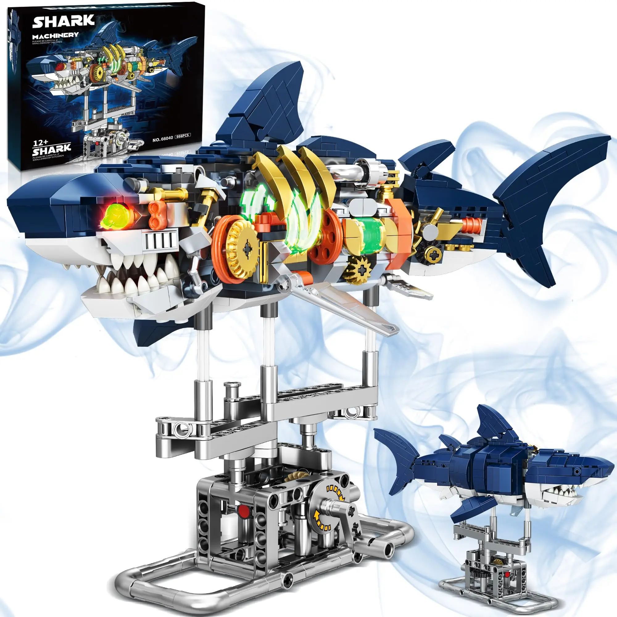 666pcs MOC Technical Mechanical Shark Sea Animal Set con espositore leggero Building Blocks mattoni Model Assembly STEM Toys