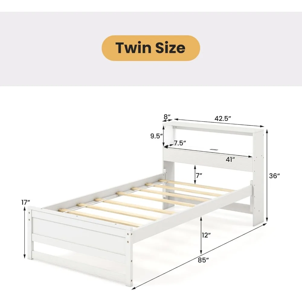 Twin Bed Frames with Storage Headboard, Wood Platform Bed with Charging Station & LED Light, Single Bed with Slats Support