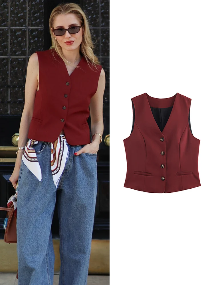 

Женские модные однотонные однобортные жилеты, винтажный простой пригородный жилет без рукавов, женские шикарные элегантные топы на бретелях, новинка 2026 г.