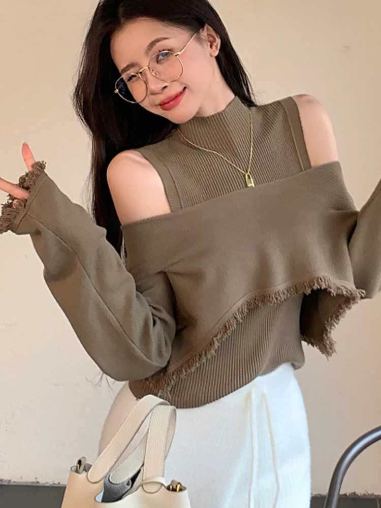 

Y2K Sweaters Women Hotsweet Knitted Pullovers Ladies Vintage Cropped Two Piece Set Female Off Shoulder Long Sleeve Knitwear Tops