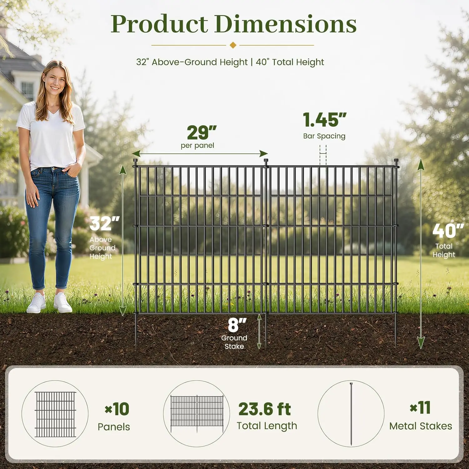 No Dig Garden Fence Outdoor for Yard, 32in (H) x 23.6ft(L) | 10 Panels Animal Barrier Fence, Rustproof Metal Temporary Dog Fence, Decorative Fencing for Patio, Flower Bed