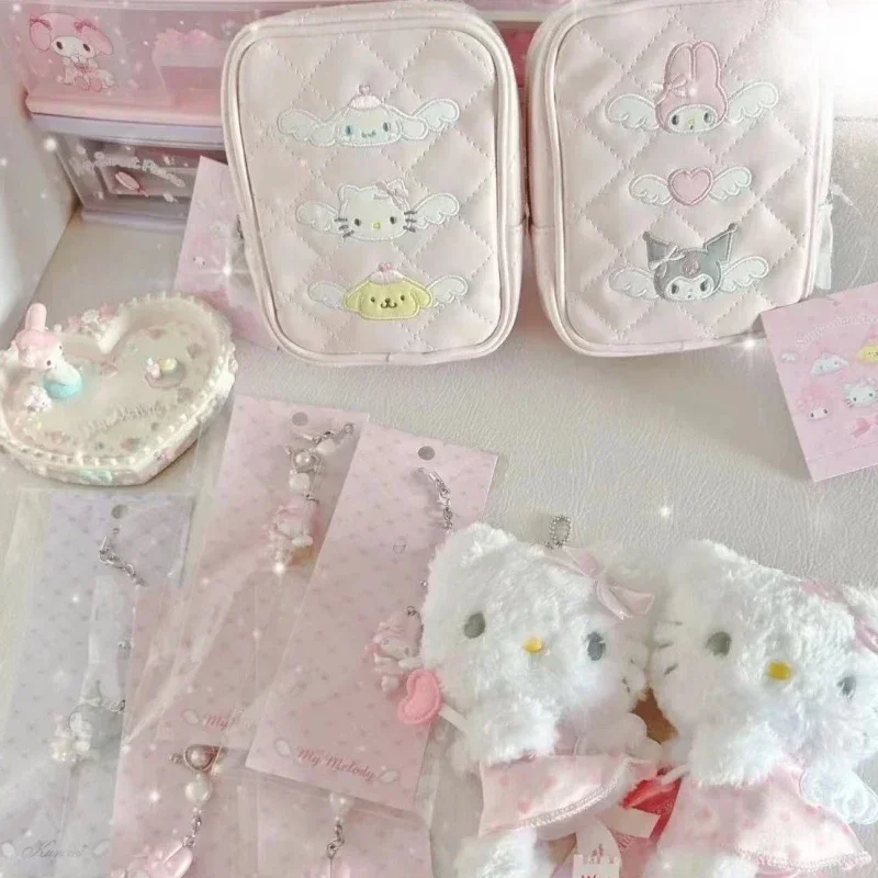 Anime Kawaii Love Angel Kuromi Pom Pom Purin Cinnamoroll Embroidered Diamond Checker Hand Held Makeup Bag Sanrio Storage Bag