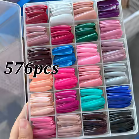 576pcs/box Colorful Long Coffin Fake Nails Glossy Soft Gel French Nail Tips Simple Press On Nail 24Grid Huge Capacity False Nail