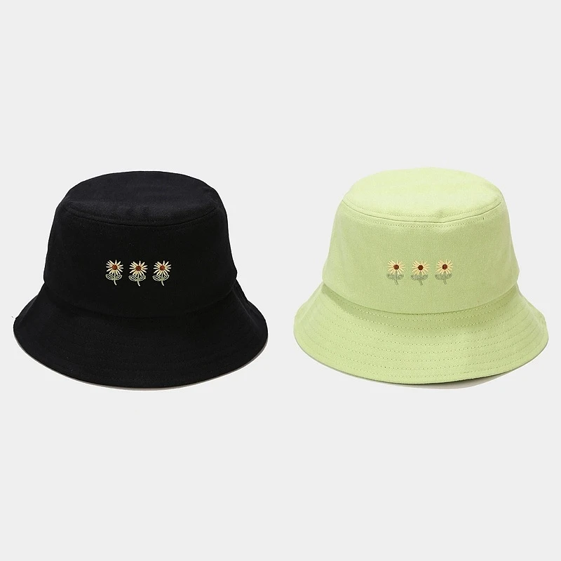 Women Daisy Embroidery Bucket Hat Casual Sun Cap Foldable Cotton Fisherman Hat for Outdoor Travel & Daily