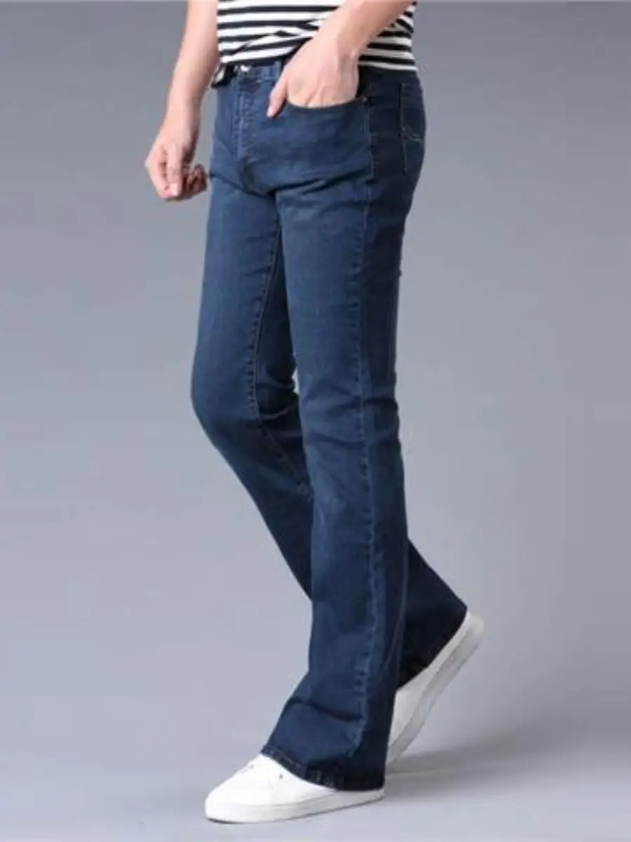 

Весенне-летние мужские джинсы слим-фит с эластичной талией, длинные брюки в корейском стиле, модные расклешенные брюки-клеш, свободные расклешенные брюки