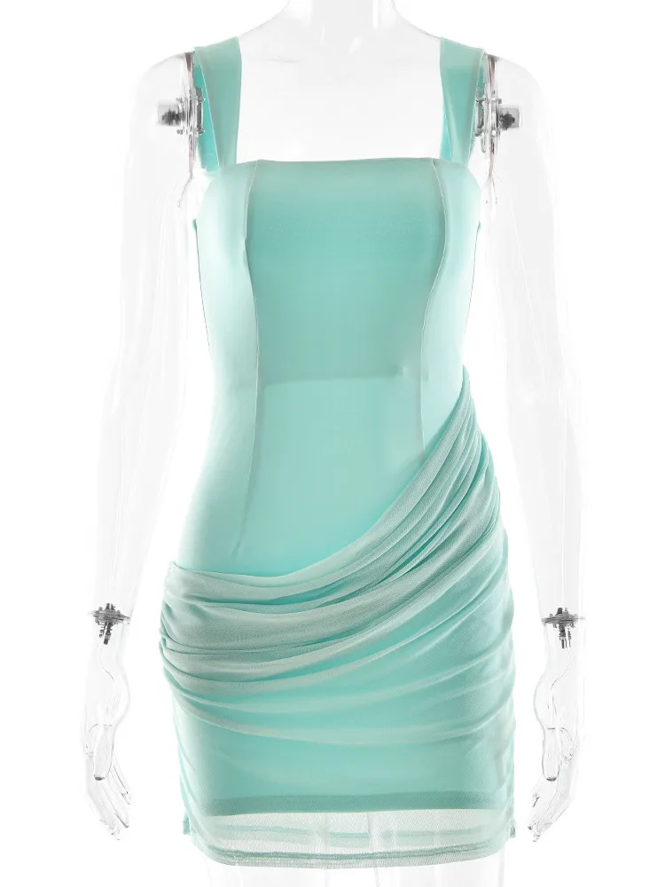 Sukienka mini z siateczki z marszczeniami, seksowna, z kwadratowym dekoltem, elegancka, bez rękawów, z odkrytymi plecami, z wysokim stanem, dopasowana, idealna na imprezę.