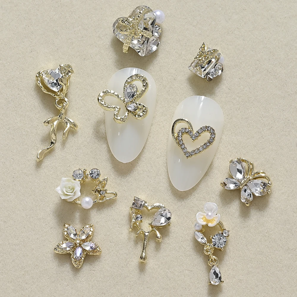 20Pcs 골드 실버 나비 하트 크리스탈 라인 석 3D 합금 꽃 다이아몬드 네일 참 DIY 럭셔리 보석 매니큐어 장식