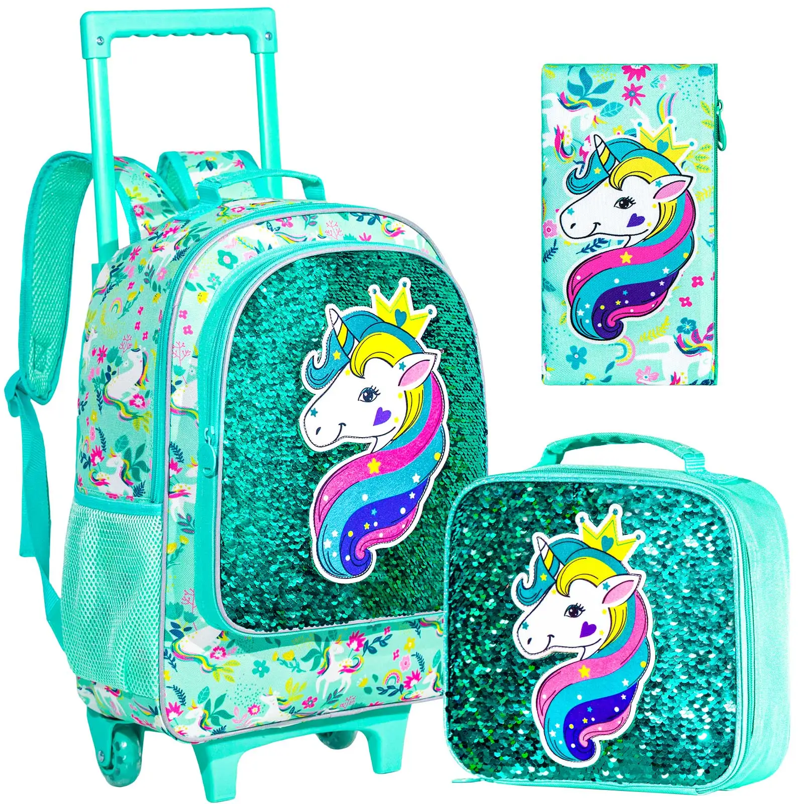 3PCS Rolling Backpack for Girls Kids Roller Wheels Bookbag with Lunch Bag Green Unicorn Glow-in-the-dark Function