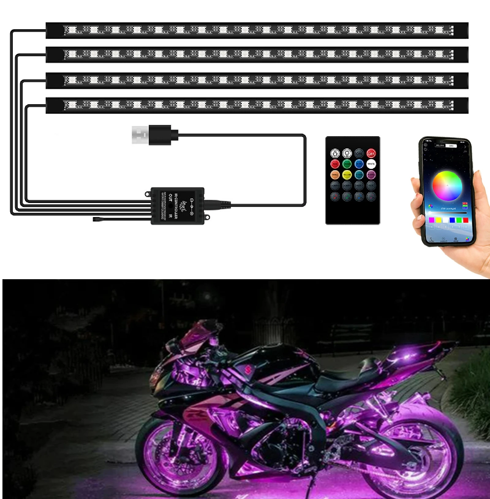 Rgb App Led Motorfiets Auto Sfeer Voetlicht Afstandsbediening Flexibele Waterdichte Geluidsregeling 12V Moto Decoratieve Lamp Strip