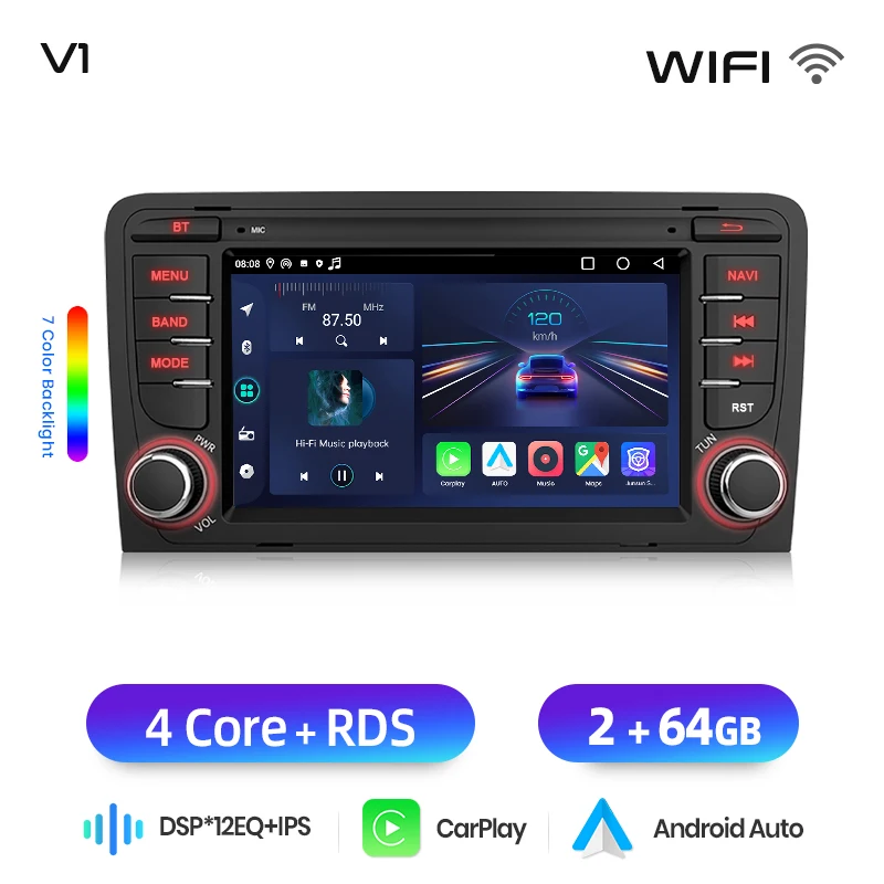 Junsun 7 inch Android autoradio voor Audi A3 8P S3 2003-2012 CarPlay Auto Multimedia Stereo Intelligent Systemen 4G GPS RDS DSP DAB+ 8-core speler