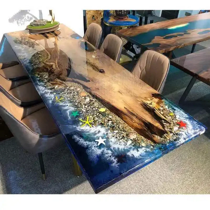 custom.Modern Customized Design Dining Table Solid Wood Epoxy Resin Slab Home Restaurant & Kitchen Direct Factory Hotel