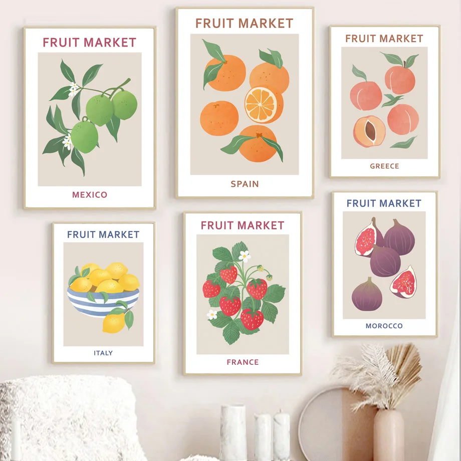 

Fruit Market Peach Strawberry Lemon Orange Vintage Posters and Prints Wall Art Canvas Painting Wall Pictures Kitchen Home Decor