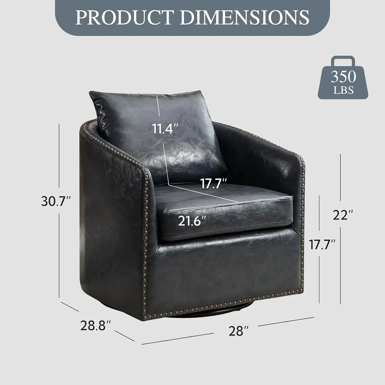 360 Degree Swivel Accent Chair Set of Two with Plump Back Pillow, Waterproof Oil Waxed PU Leather Swivel Armchair with Rivets, C