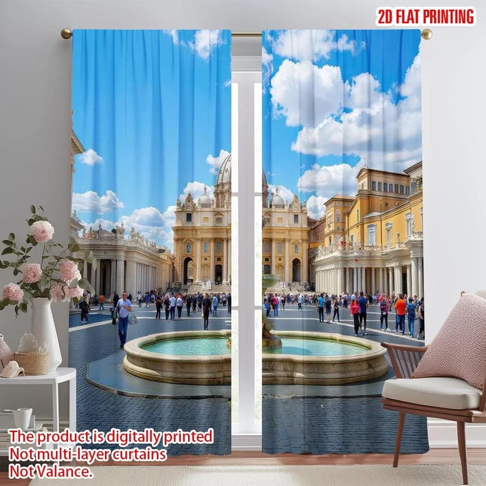 

2D flat printing 2pcs Window Curtains Vatican City Square Scene Digital Printed Polyester Drapes Festive Curtains for Festive