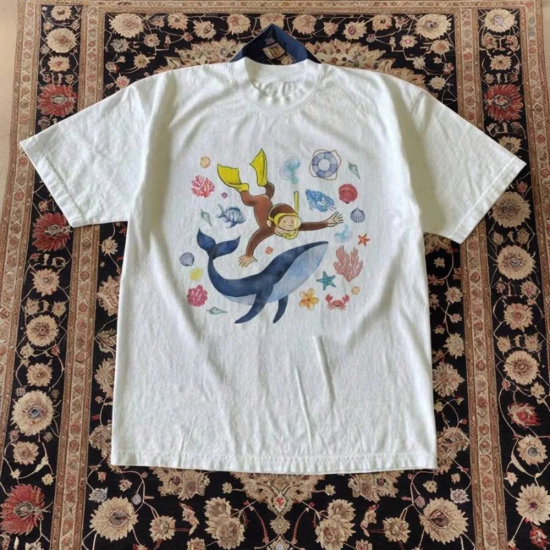 Women's Curious George Holiday Diving Printed T-shirt with Childhood Fun Style and Cute Anti Aging Cartoon Top