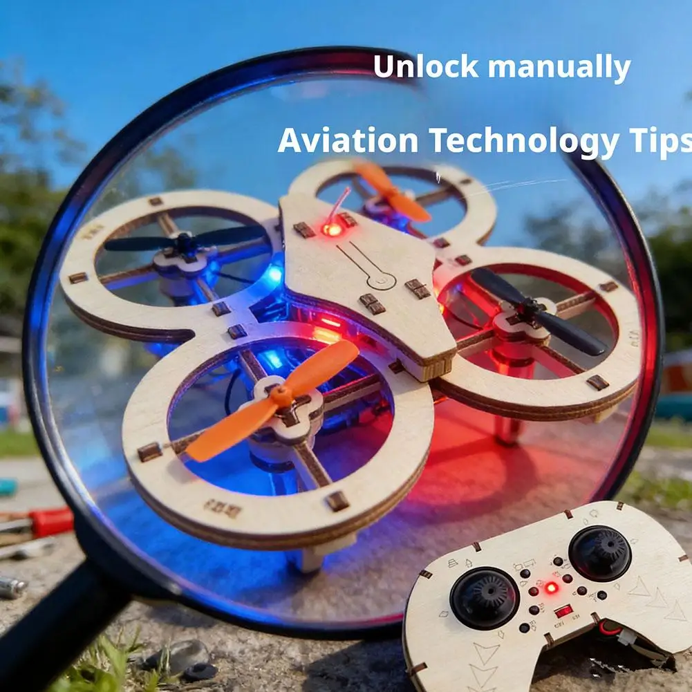 DIY Wooden Flying Toy Remote Control Aircraft DIY Assembly Toy Wooden Model Kit Quadcopters Educational Learning Props
