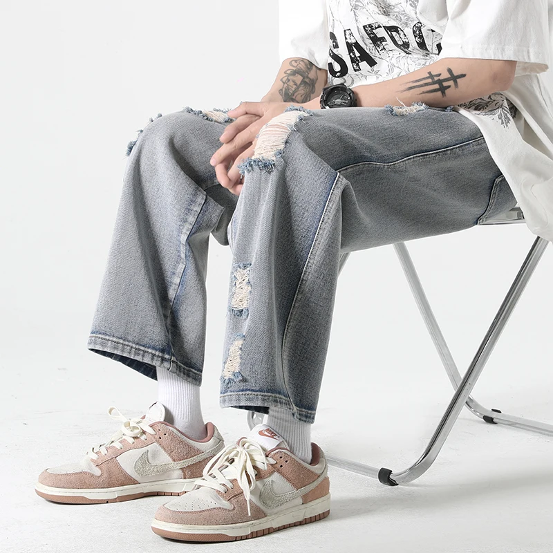Fashion Elastic Lace Up Washed Hole Straight Jeans Men's Clothing 2024 Spring Summer New Loose Casual High Waist Cropped Pants