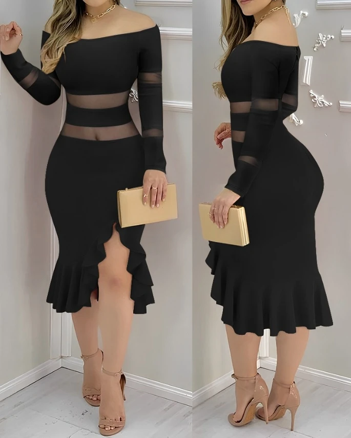 Abiti eleganti per le donne Sheer Mesh Patch Ruffles Bodycon Dress Temperament pendolarismo Bag Hip Slim Fit Dress