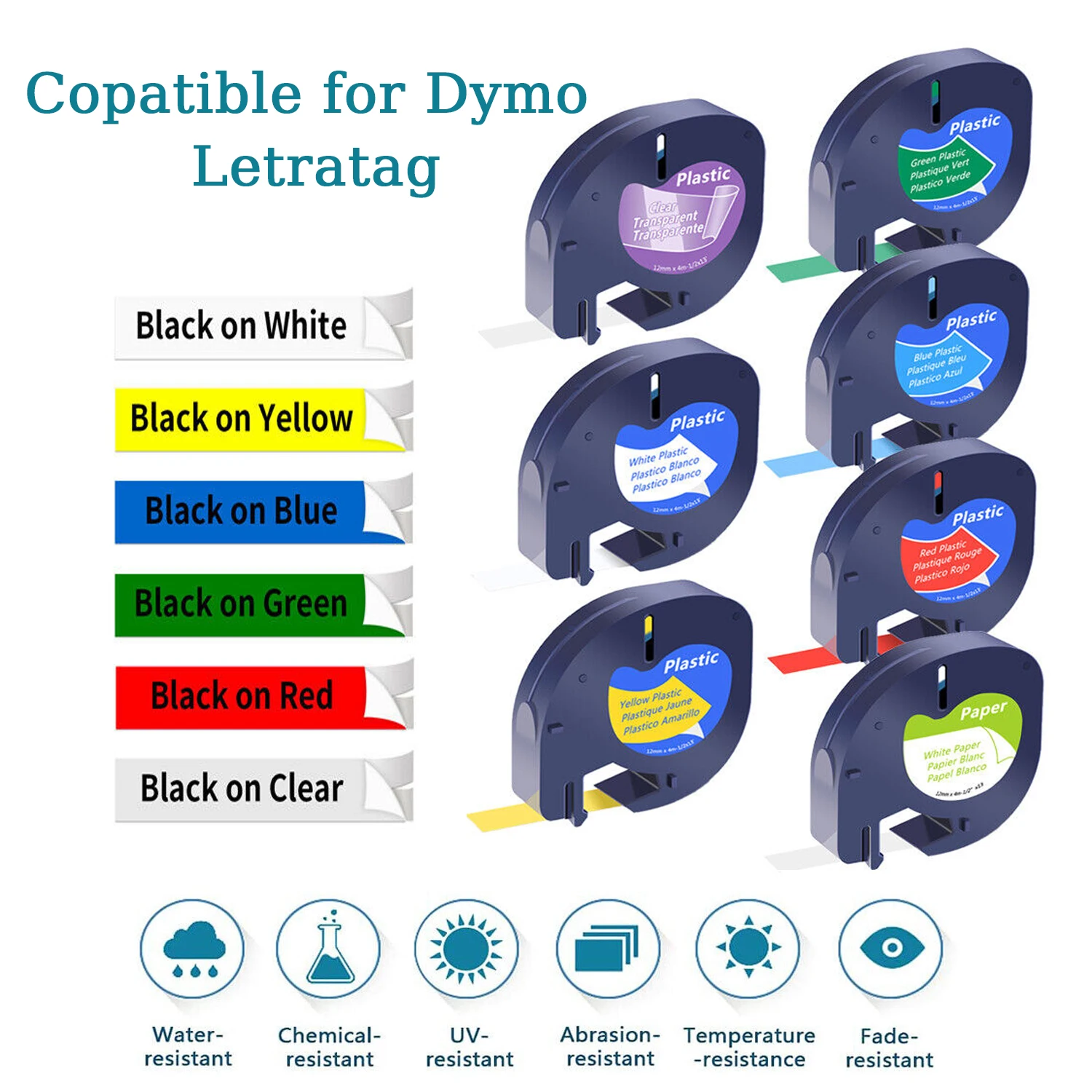 1Pcs 12mm Label Tapes Compatible for Dymo Letratag Plastic Tapes Black on White Paper Ribbon Work with LT-100H LT-100T Printer