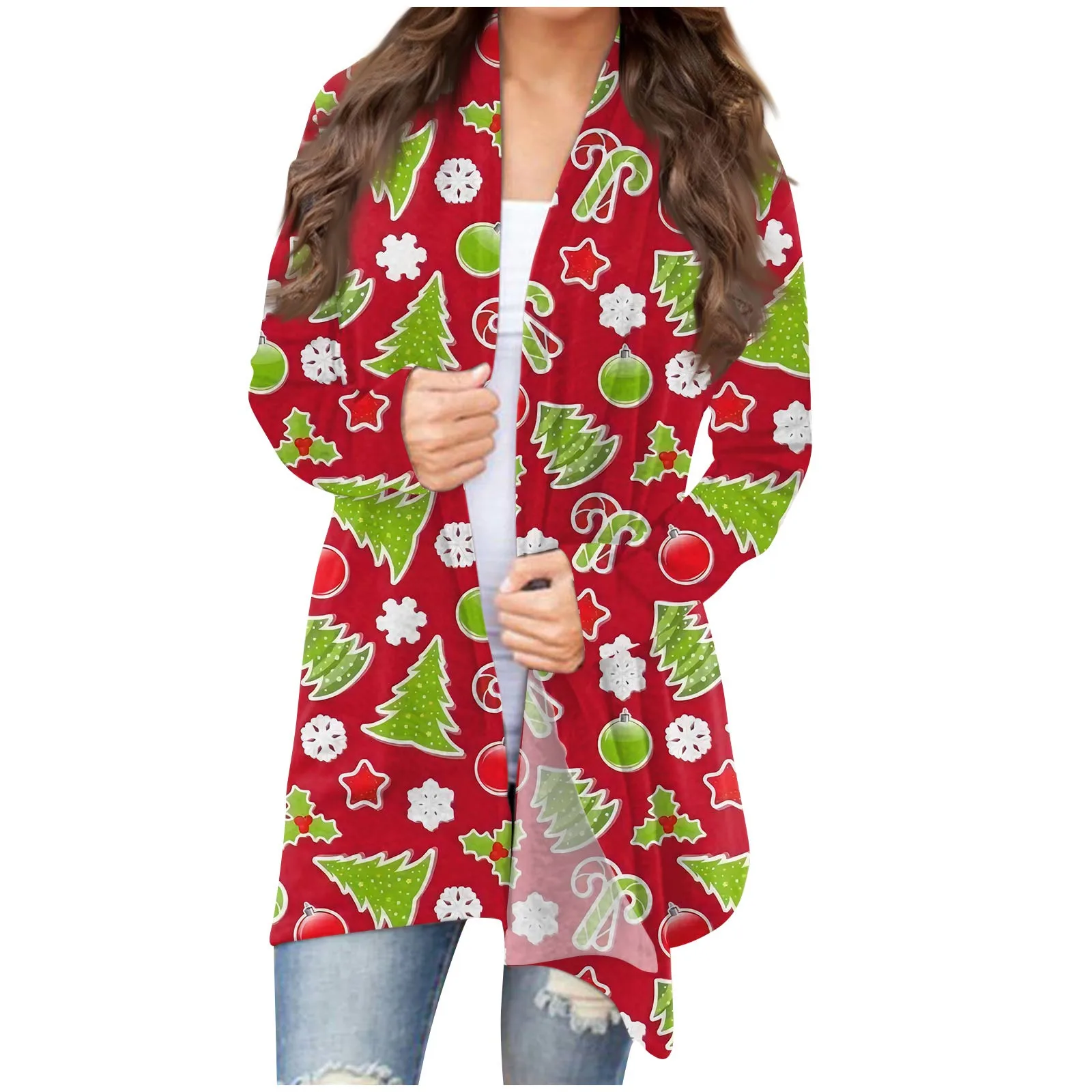 

Women's Clothing Autumn Winter Fashion Cartoon Print Christmas Outewear Cardigan Jacket Casual Irregular Long Sleeve Tunic Coats