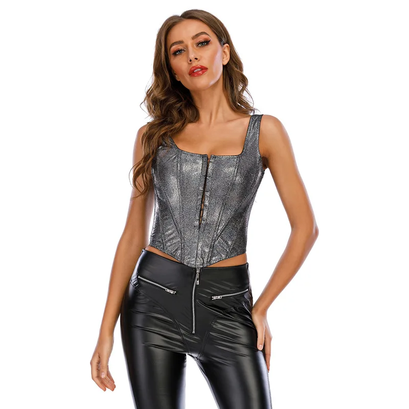 Schwarz Glänzendes PVC Sexy Haken Und Öse Verschluss Korsett Top Frau Luxus Gothic Kleidung Heiße Party Nachtclub Rave Rock Steampunk Weste