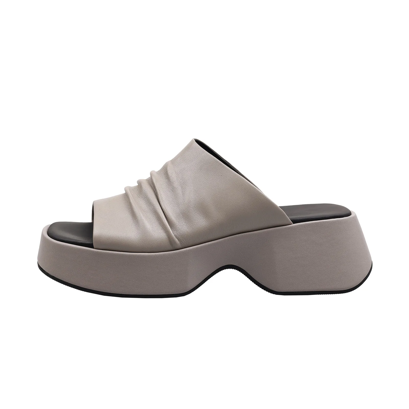 

Arden Furtado 2025 Summer sheepskin Square toe platform Open toe Wedge High-heeled word slippers Large size Pleated Cool slipper