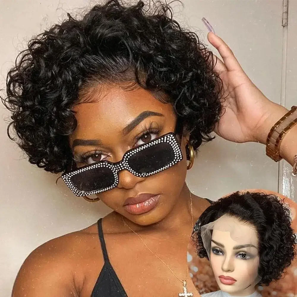 Curto Pixie Corte Perucas de Cabelo Humano para Mulheres Negras, Kinky Curly Bob, HD Transparente Lace Frontal Perucas, 250 Densidade, 13x1