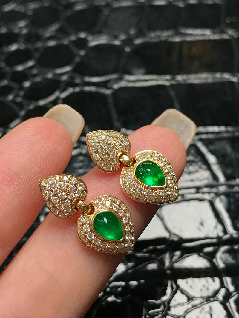 LUOWEND 100% 18K Yellow Gold Earrings Elegant OL Style Luxury Diamond Natural Emerald Earrings for Women High Party Jewelry
