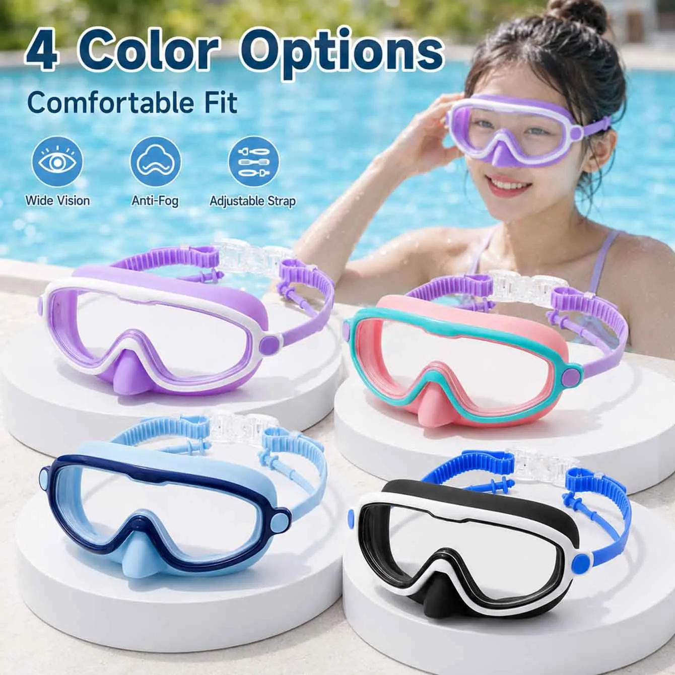 High Definition Anti-Fog Kids Swimming Goggles, Large Frame Soft Silicone Swim Glasses, Cartoon Style for Boys & Girls