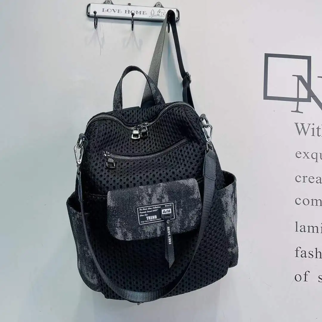 Women's backpack new mesh fabric with denim real leather backpack multifunctional shoulder bag simple casual large capacity New