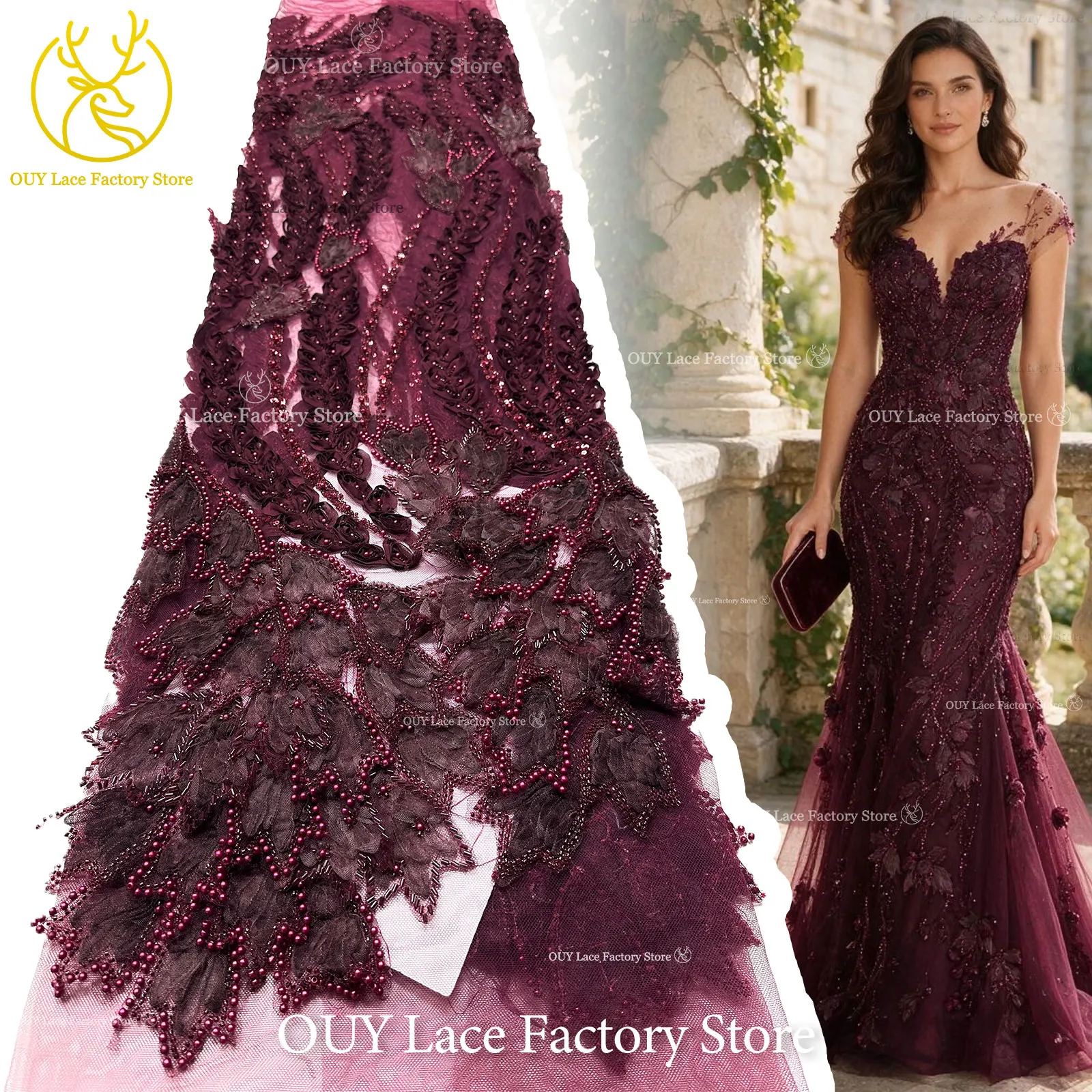 Burgundy 3D Embroidery Sequins Lace Fabric, African Lace Fabric, Luxury French Beaded Tulle Lace For Wedding Party Evening Dress