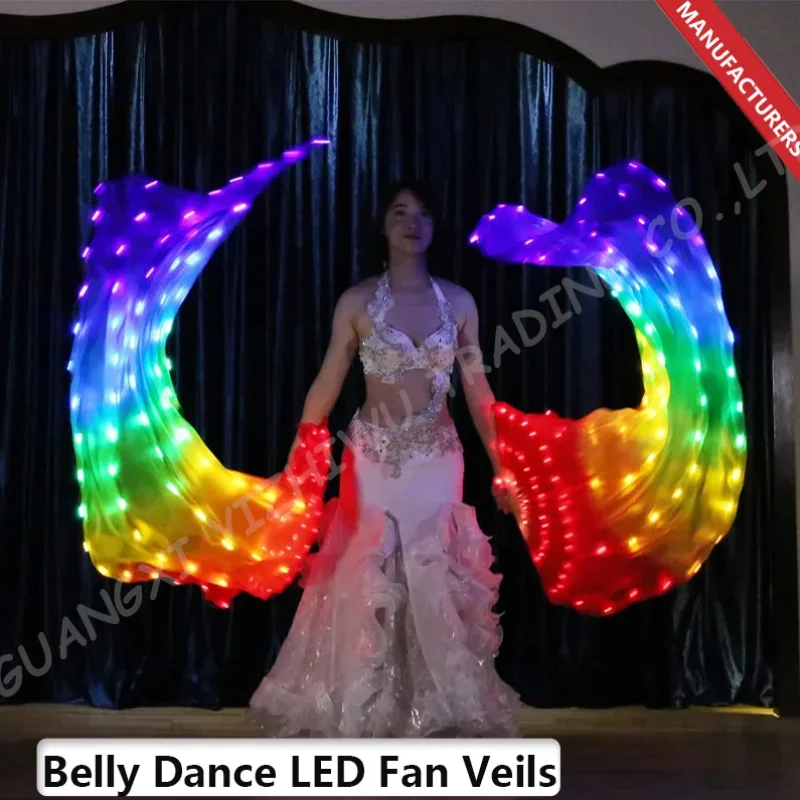 Velos de ventilador LED para danza del vientre para mujer, seda Real, accesorios de baile hechos a mano, colores del Arcoíris