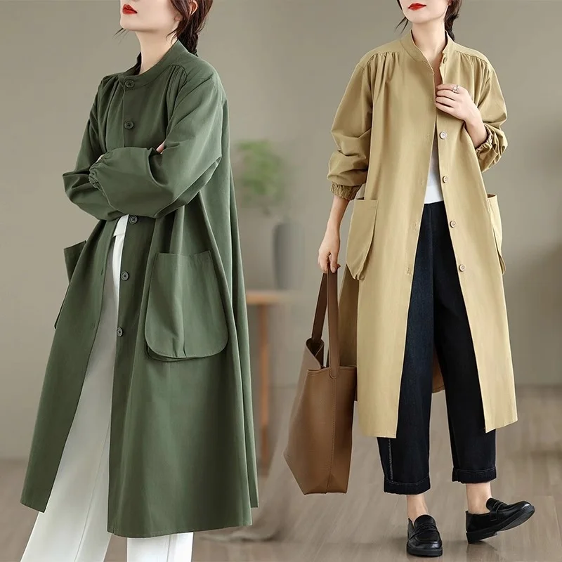 

Large Size Women's Clothing 2025 Spring And Autumn New Style Long Sleeved Windbreaker Stand Collar Mid Length Jacket Top W845