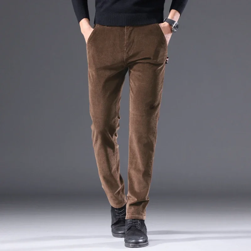 남성 솔리드 스트레이트 레그 코듀로이 패브릭 캐주얼 바지 남성 육군 녹색 커피 오피스 바지 세련된 청소년 가을 겨울 바지