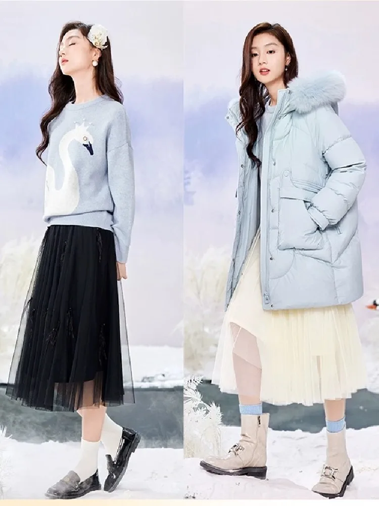 Blue Cartoon Printed Loose Sweater For Women 2024 Autumn Elegant Fashion Ladies Jumpers Long Sleeve O-neck Knitwear Tops Femme