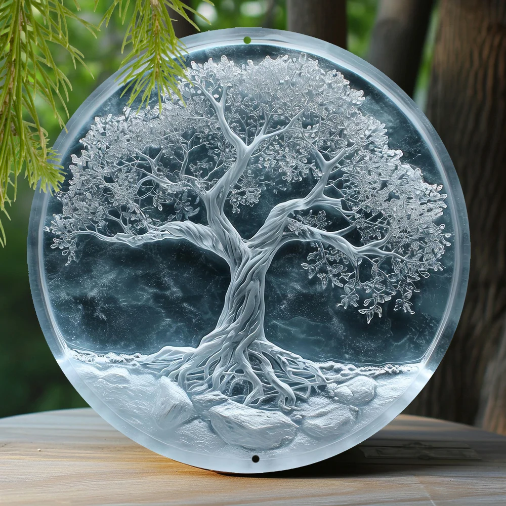 

Aluminum Metal Sign Dormitory Valentine's Day Faux Ice Sculpture Window Round Sign Decoration Gift Tree Of Life Theme Decoration