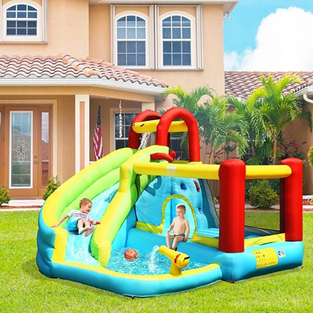 Scivolo gonfiabile per acqua e casa rimbalzante per bambini con piscina antispruzzo e parete da arrampicata