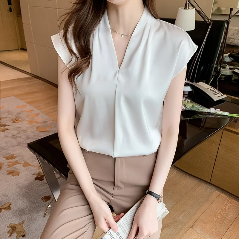 

Ele Silk Chiffon Svel irt Women's Top Faion Commute Sle Slim Fit V-Ne Regular Length Summer Season Color