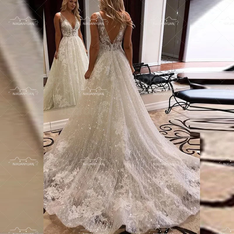 

Robe De Mariee Deep V-Neck Bling Bling A-Line Wedding Dresses Lace Appliques Long Backless Bridal Gowns