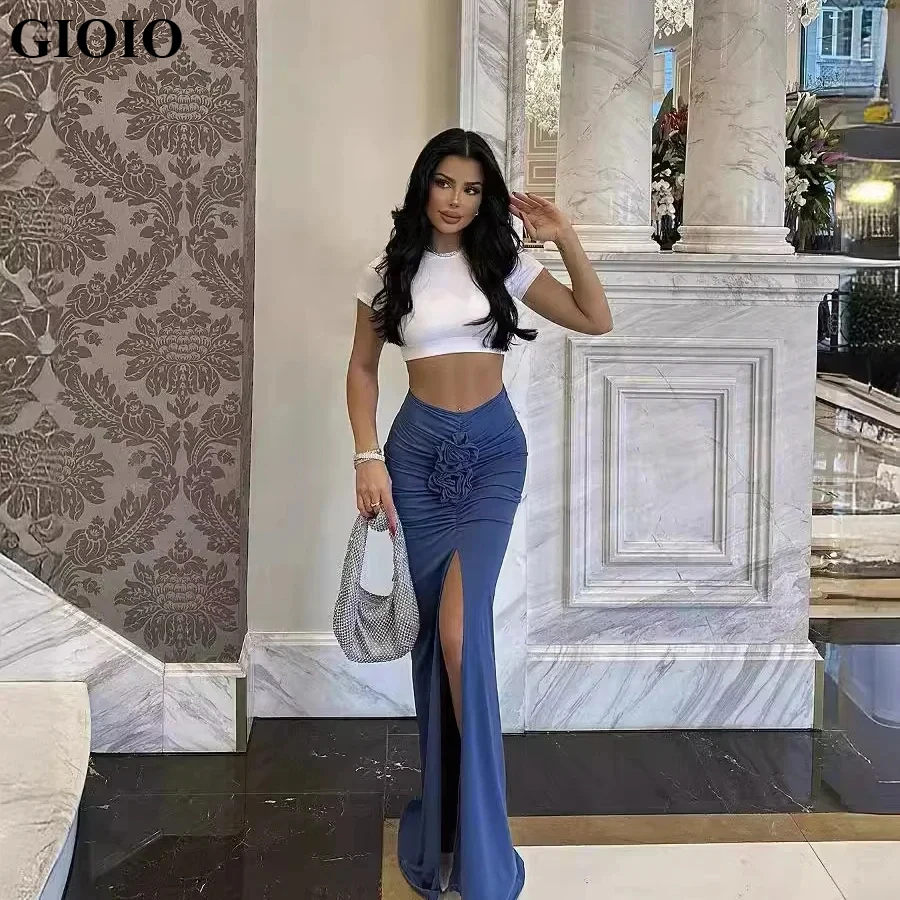 GIOIO sexy autumn new long skirt for women solid color slim 3D flower pleated slit skirt party prom skirt women clothes