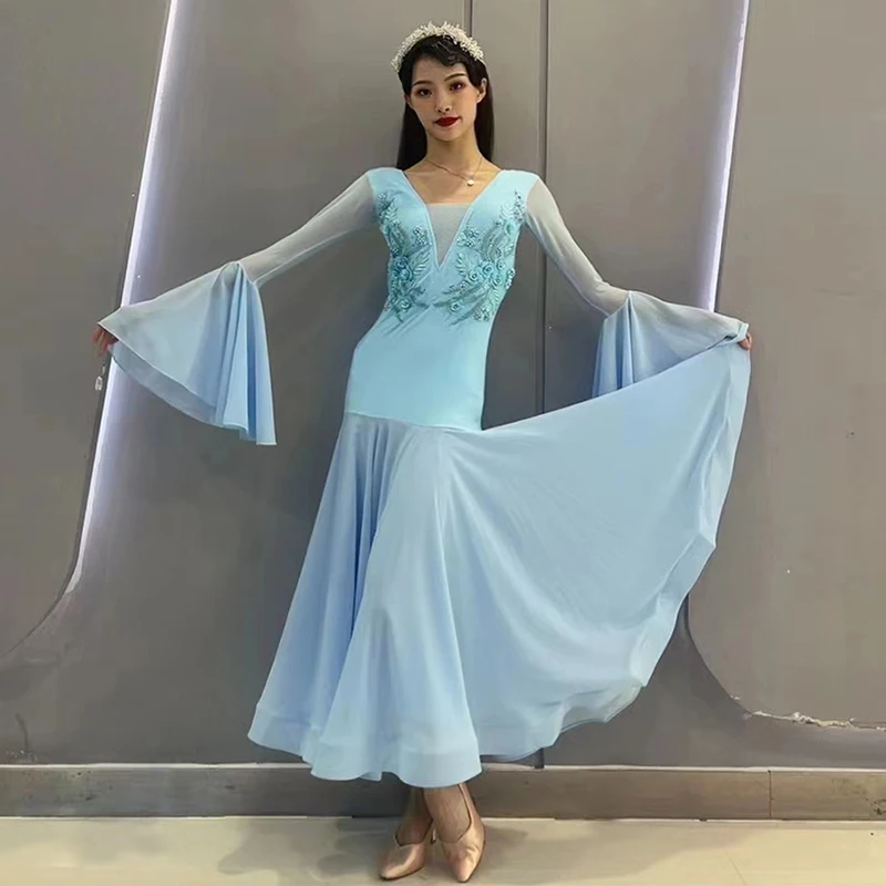 Ballroom Dance Competition Dress Blue Flower Flared Sleeves Practice Performance Clothes Women Waltz Costume Prom Wear BL11903