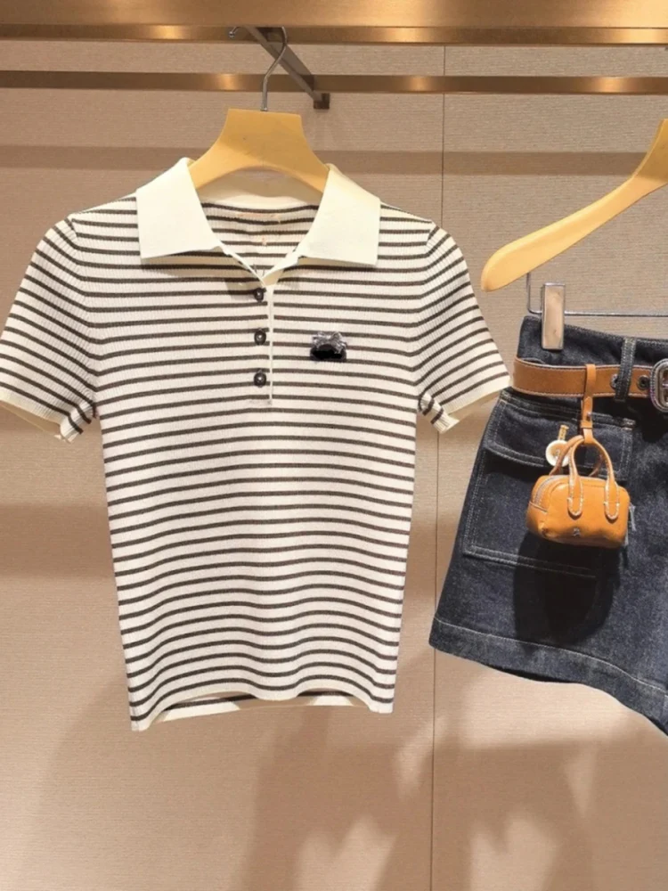 سترة نسائية محبوكة قصيرة بياقة بولو، بدون أكمام، مخططة، بأسلوب حلو، موضة صيفية راقية، ملابس محبوكة فاخرة للسيدات